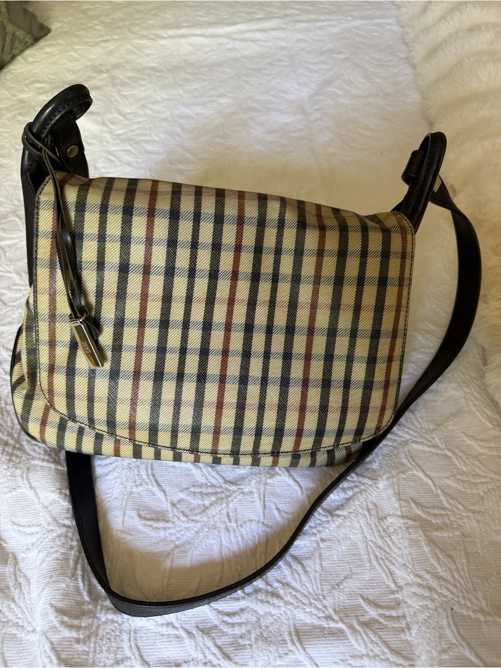 Plaid Crossbody Messenger Bag with Black Trim - Beige Plaid